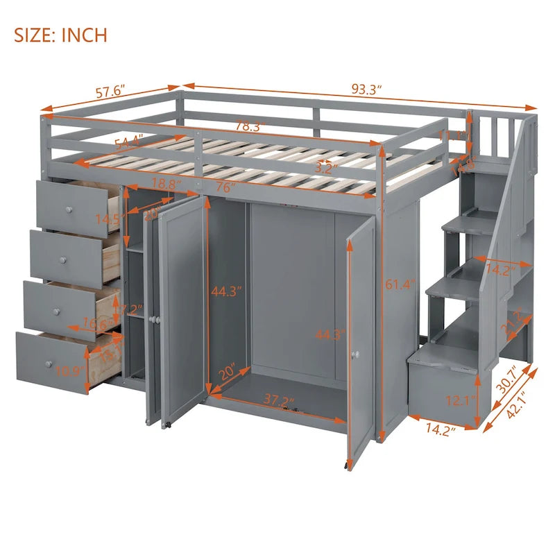 Gray Full Size Wood Loft Bed with Built-in Wardrobes and Drawers