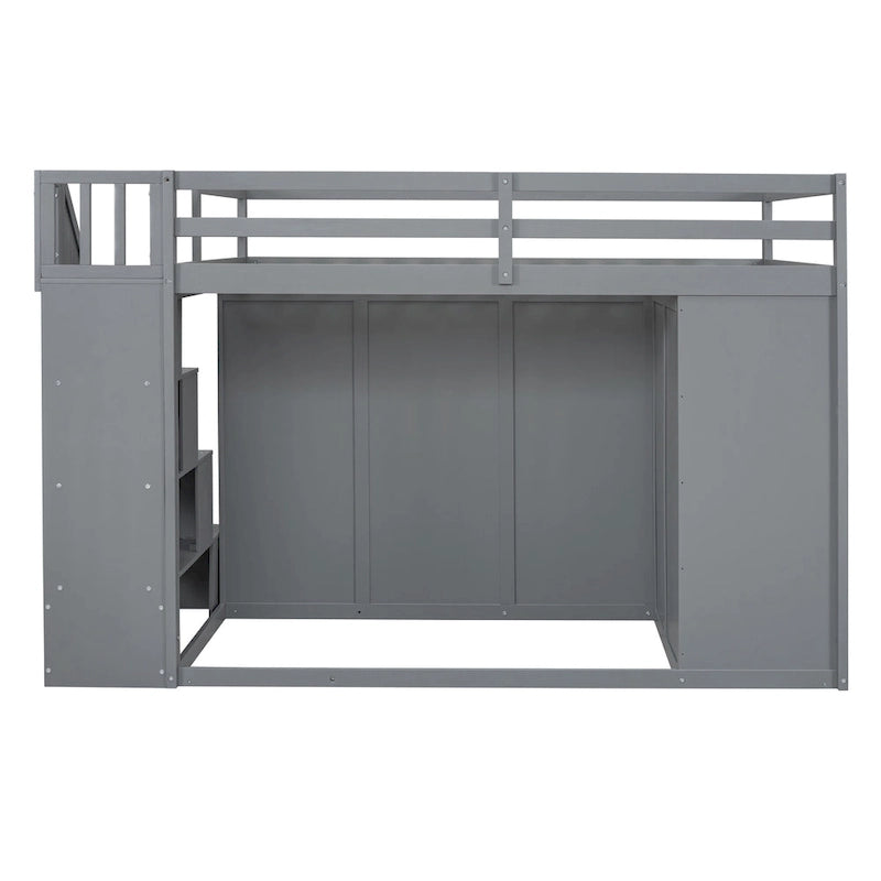 Gray Full Size Wood Loft Bed with Built-in Wardrobes and Drawers