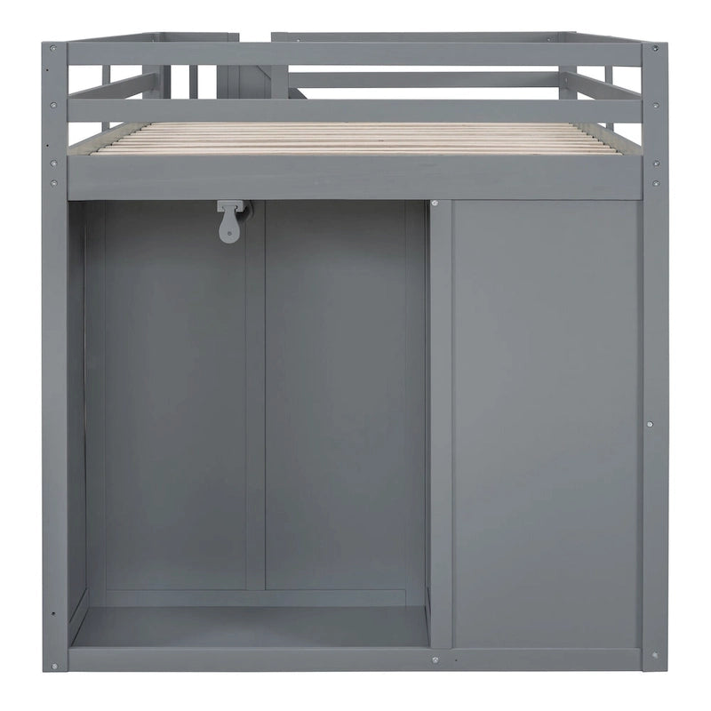 Gray Full Size Wood Loft Bed with Built-in Wardrobes and Drawers