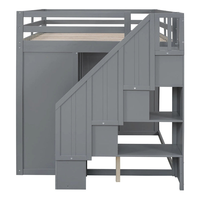Gray Full Size Wood Loft Bed with Built-in Wardrobes and Drawers