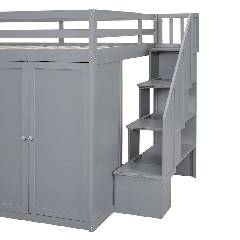 Gray Full Size Wood Loft Bed with Built-in Wardrobes and Drawers