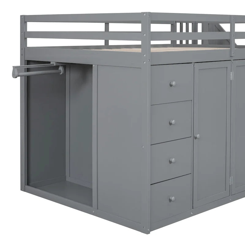 Gray Full Size Wood Loft Bed with Built-in Wardrobes and Drawers