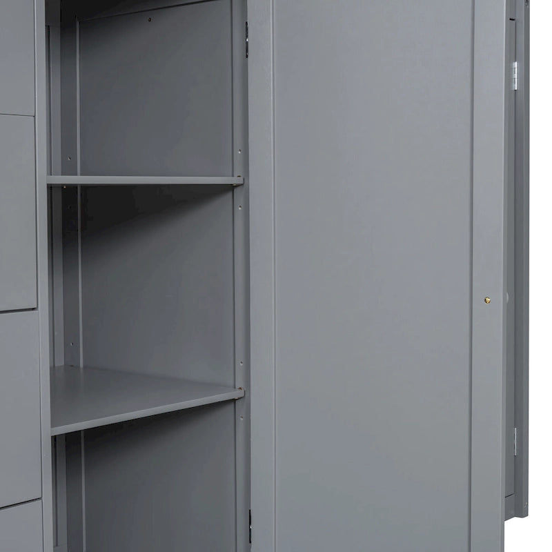 Gray Full Size Wood Loft Bed with Built-in Wardrobes and Drawers