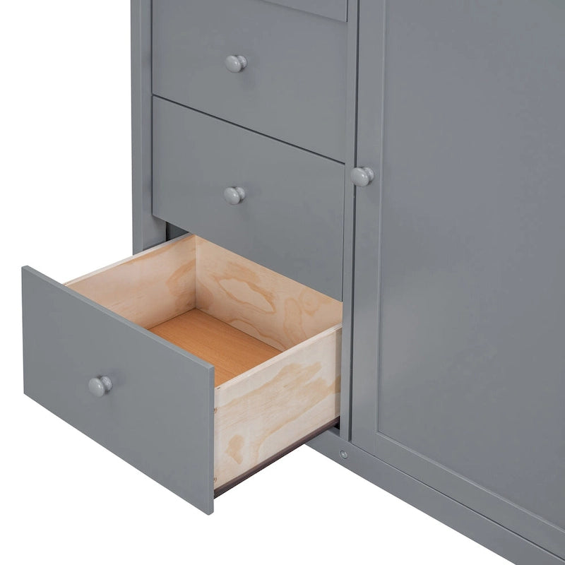 Gray Full Size Wood Loft Bed with Built-in Wardrobes and Drawers