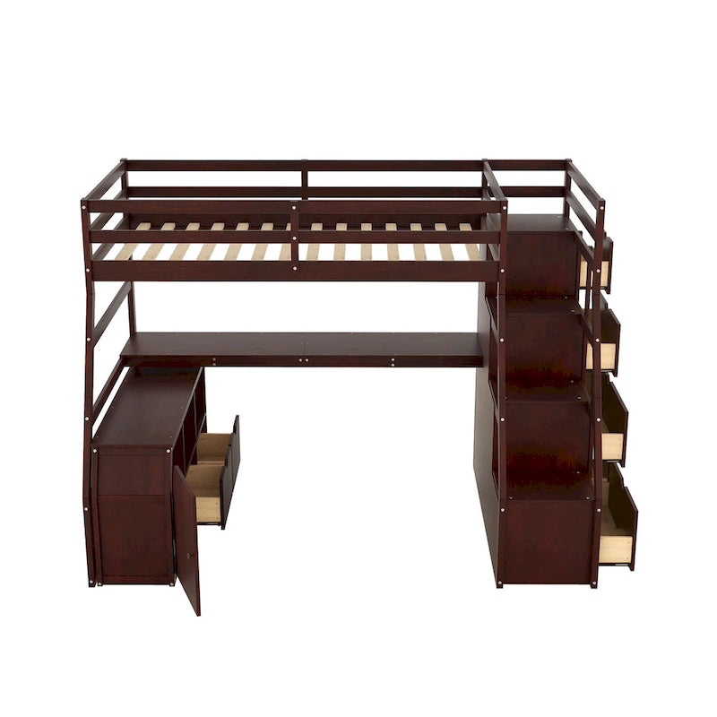 Espresso Twin Size Wood Loft Bed with Drawers, Shelves & Desk