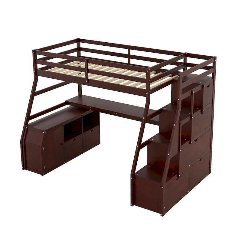 Espresso Twin Size Wood Loft Bed with Drawers, Shelves & Desk