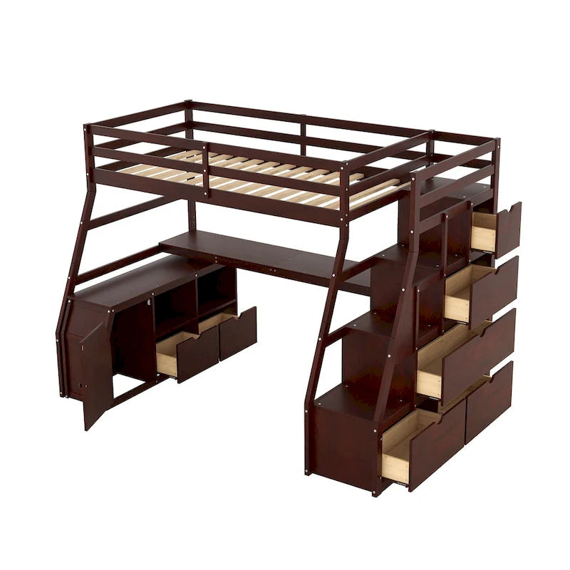 Espresso Twin Size Wood Loft Bed with Drawers, Shelves & Desk
