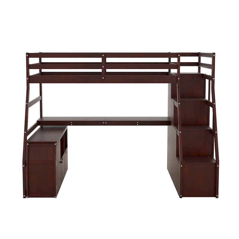 Espresso Twin Size Wood Loft Bed with Drawers, Shelves & Desk