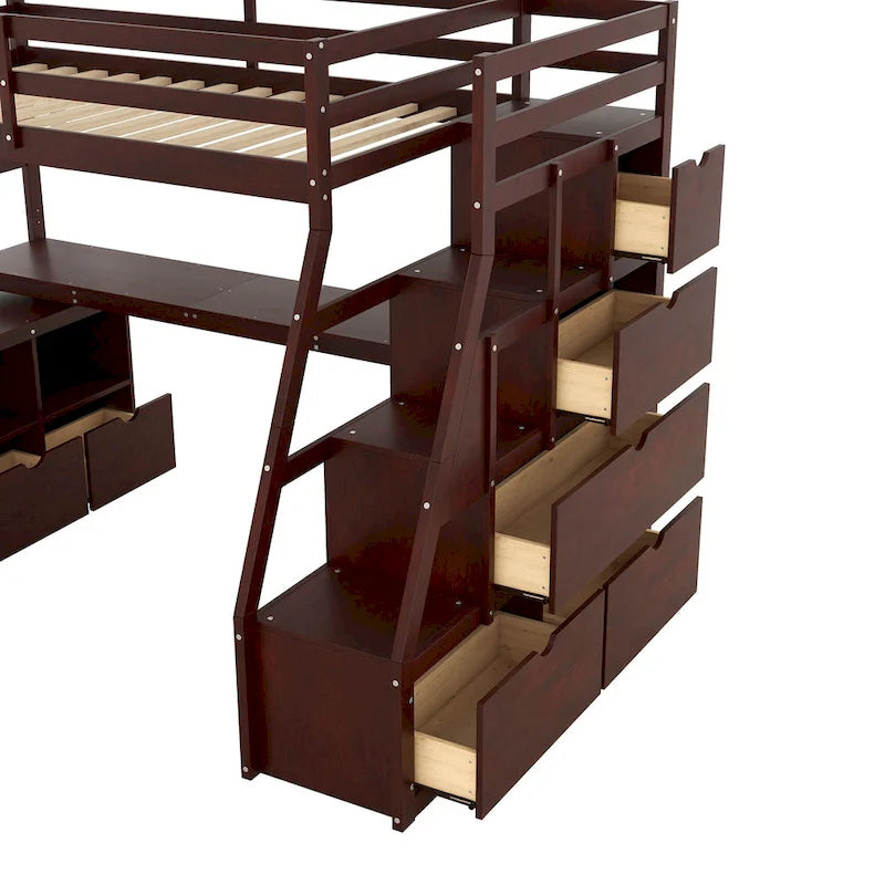 Espresso Twin Size Wood Loft Bed with Drawers, Shelves & Desk