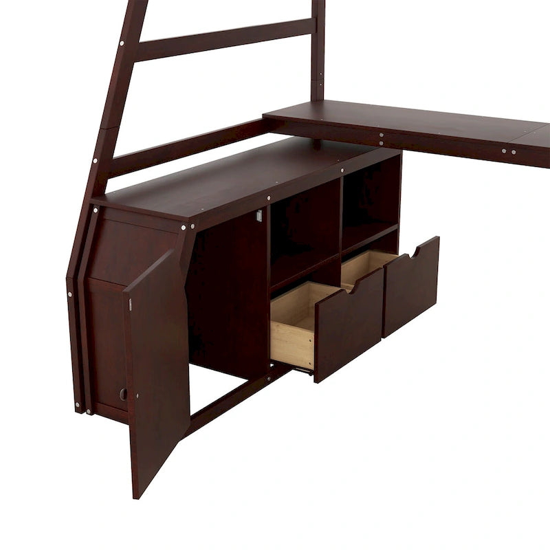 Espresso Twin Size Wood Loft Bed with Drawers, Shelves & Desk