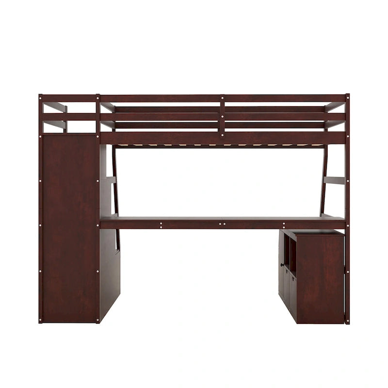 Espresso Twin Size Wood Loft Bed with Drawers, Shelves & Desk