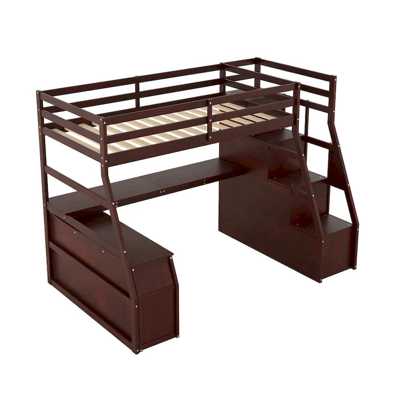 Espresso Twin Size Wood Loft Bed with Drawers, Shelves & Desk