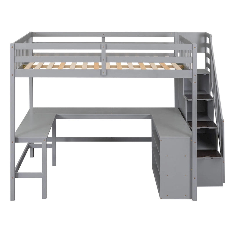 Gray Full Size Pine Wood Loft Bed with L-Shaped Desk and Storage