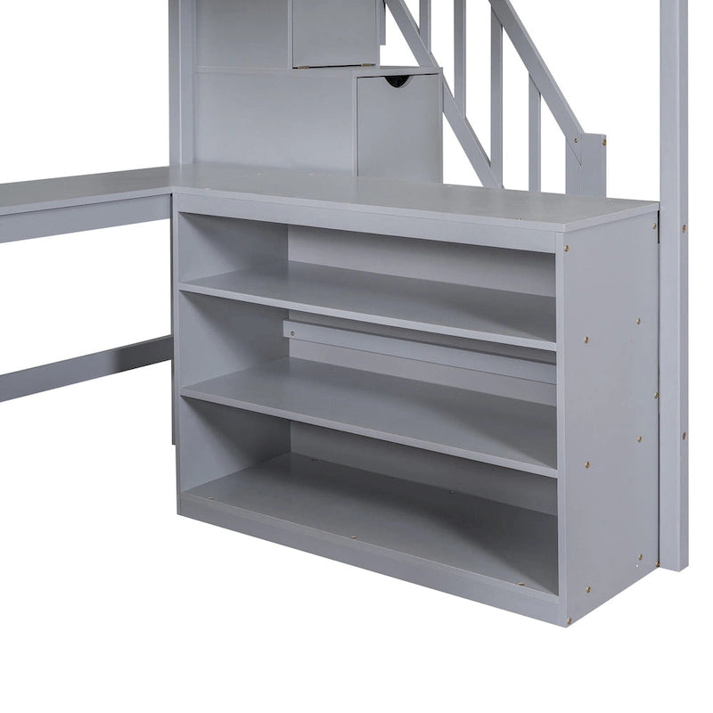 Gray Full Size Pine Wood Loft Bed with L-Shaped Desk and Storage