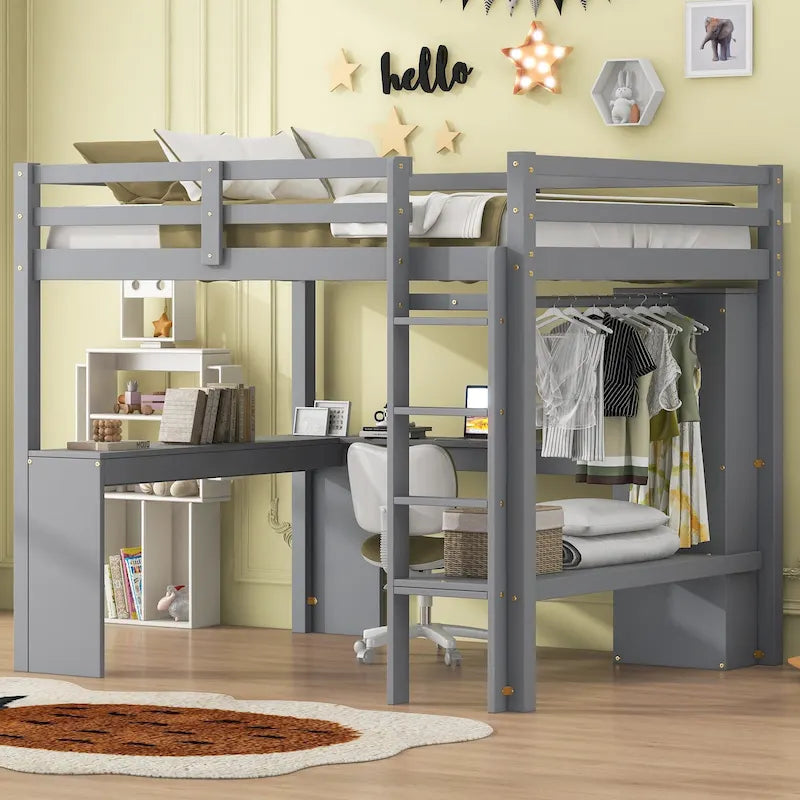 Grey Full Size Solid Wood Loft Bed with L-shaped Desk & Storage