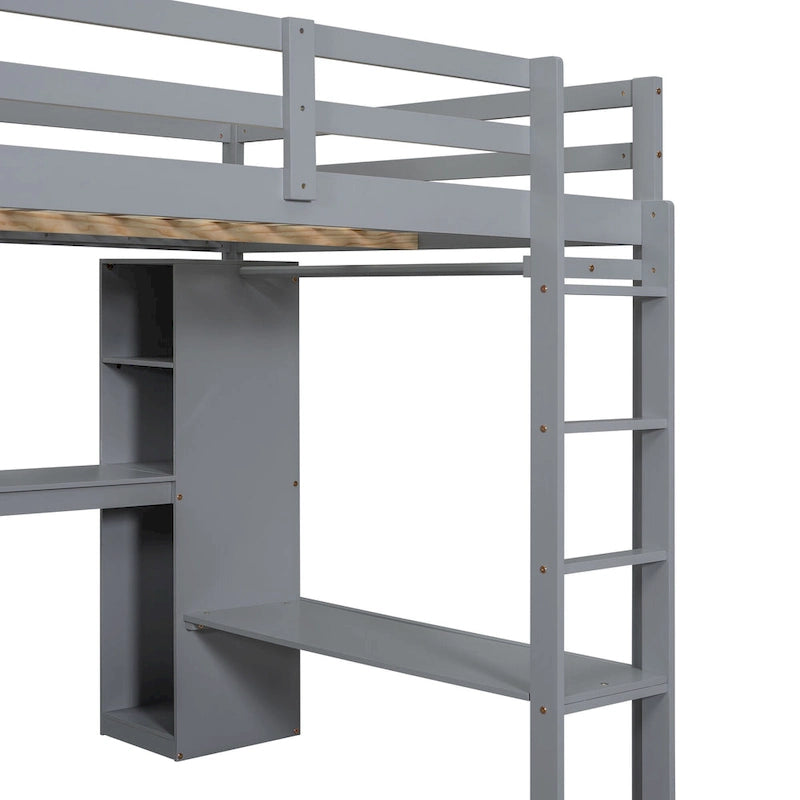 Grey Full Size Solid Wood Loft Bed with L-shaped Desk & Storage