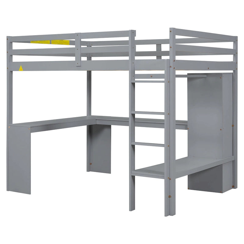 Grey Full Size Solid Wood Loft Bed with L-shaped Desk & Storage