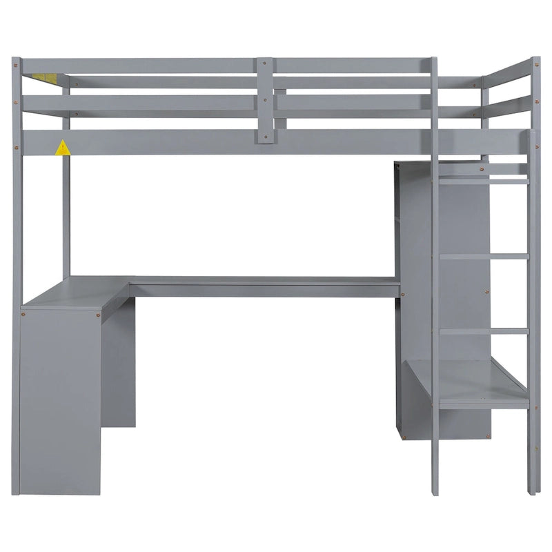 Grey Full Size Solid Wood Loft Bed with L-shaped Desk & Storage