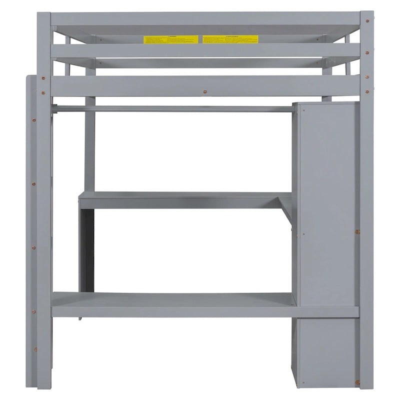 Grey Full Size Solid Wood Loft Bed with L-shaped Desk & Storage