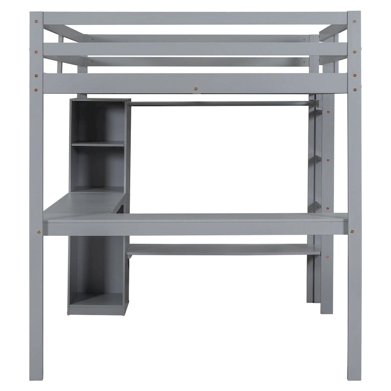 Grey Full Size Solid Wood Loft Bed with L-shaped Desk & Storage