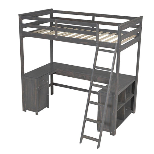 Antique Brown Twin Size Solid Wood Loft Bed with Desk, Blackboard, and Drawers