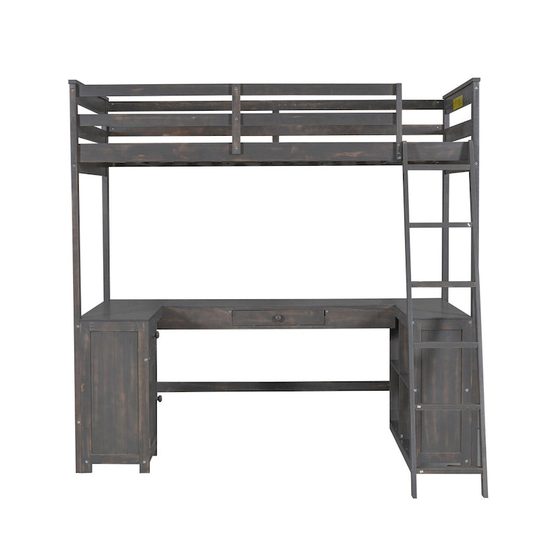 Antique Brown Twin Size Solid Wood Loft Bed with Desk, Blackboard, and Drawers