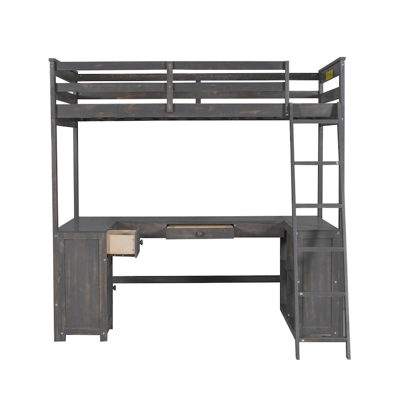 Antique Brown Twin Size Solid Wood Loft Bed with Desk, Blackboard, and Drawers
