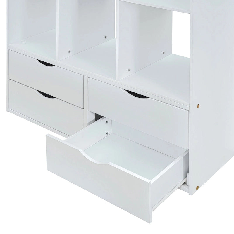 White Twin Size Solid Wood Loft Bed with Shelves & LED Light