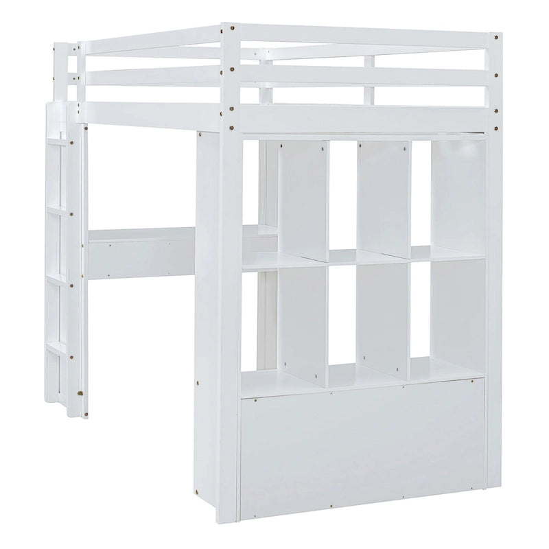 White Full Size Solid Wood Loft Bed with Shelves & LED Light