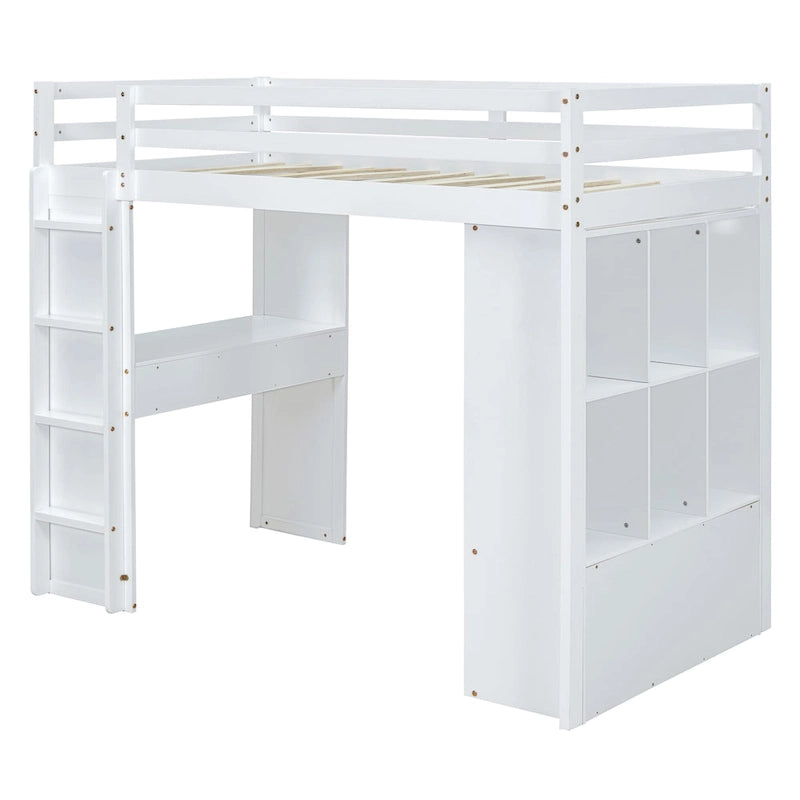 White Full Size Solid Wood Loft Bed with Shelves & LED Light