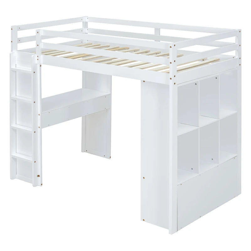 White Full Size Solid Wood Loft Bed with Shelves & LED Light