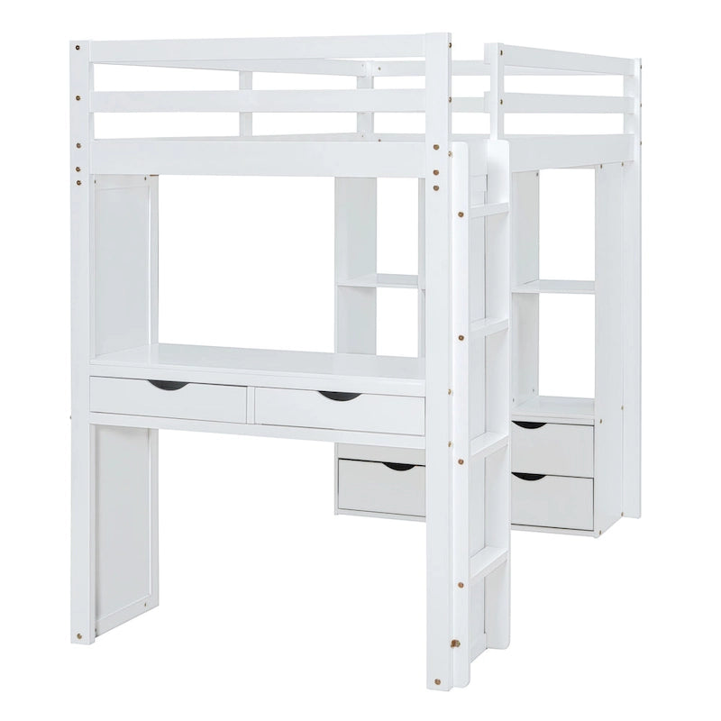 White Full Size Solid Wood Loft Bed with Shelves & LED Light