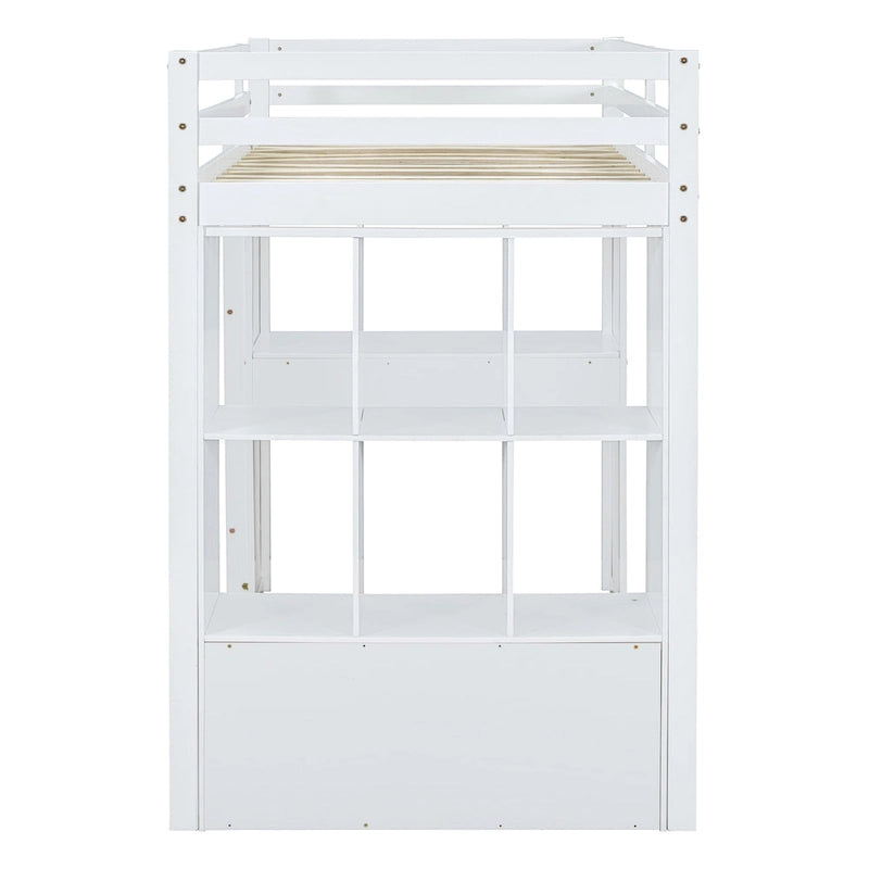 White Full Size Solid Wood Loft Bed with Shelves & LED Light