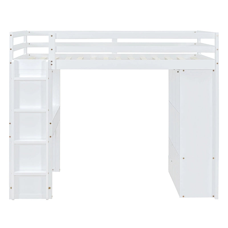 White Full Size Solid Wood Loft Bed with Shelves & LED Light