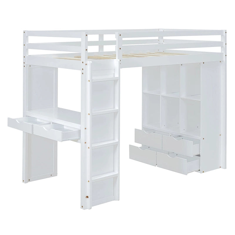 White Full Size Solid Wood Loft Bed with Shelves & LED Light