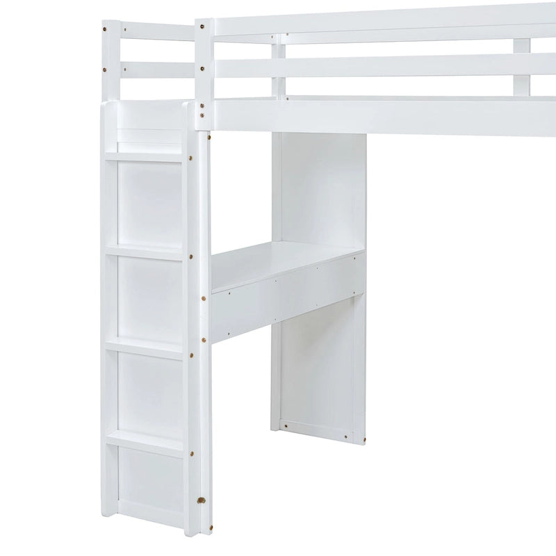 White Full Size Solid Wood Loft Bed with Shelves & LED Light