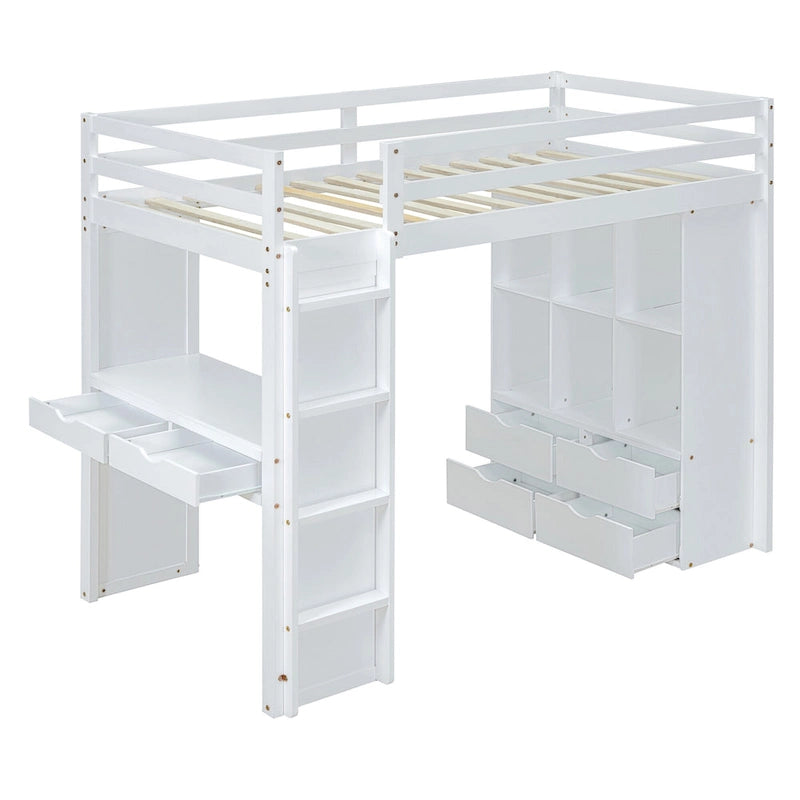 White Full Size Solid Wood Loft Bed with Shelves & LED Light