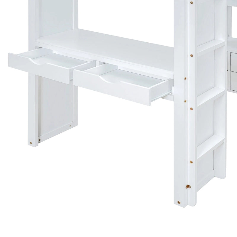 White Full Size Solid Wood Loft Bed with Shelves & LED Light