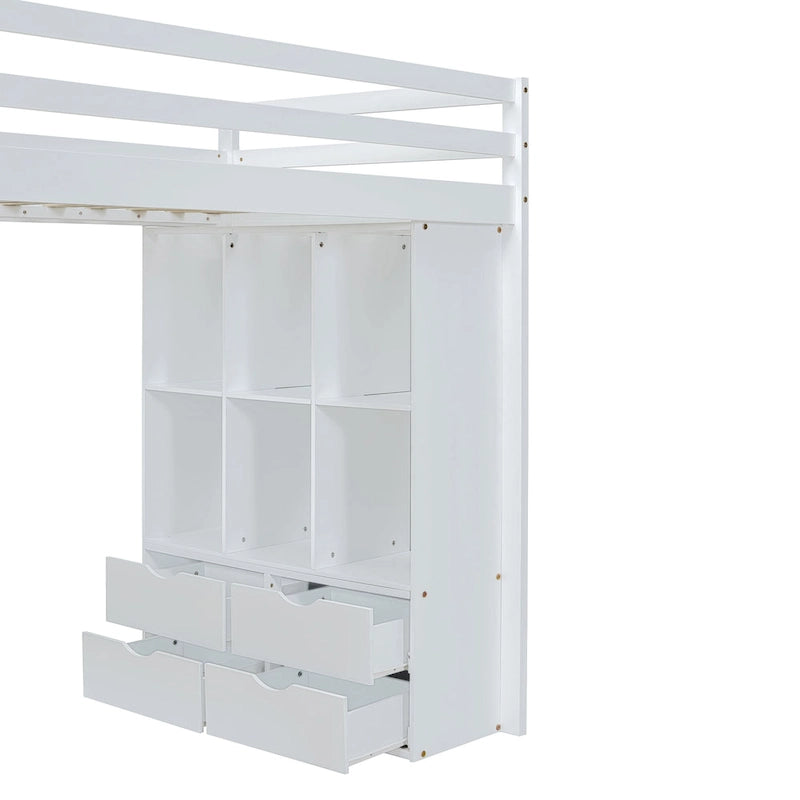 White Full Size Solid Wood Loft Bed with Shelves & LED Light