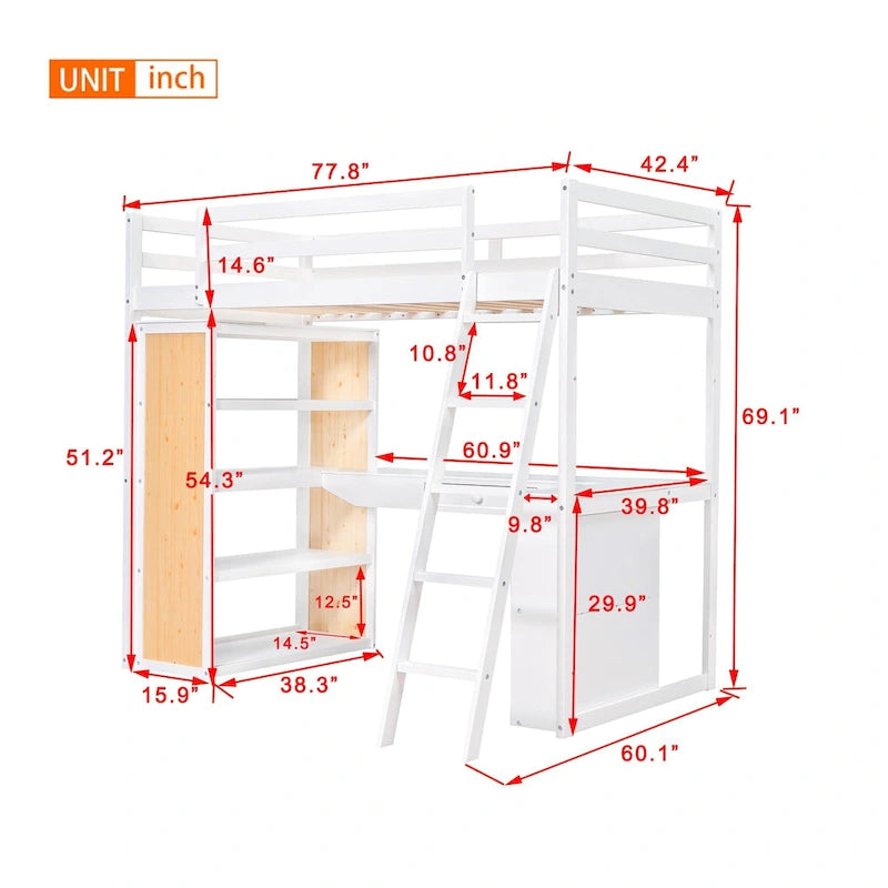 Loft Bed with Desk and Shelves
