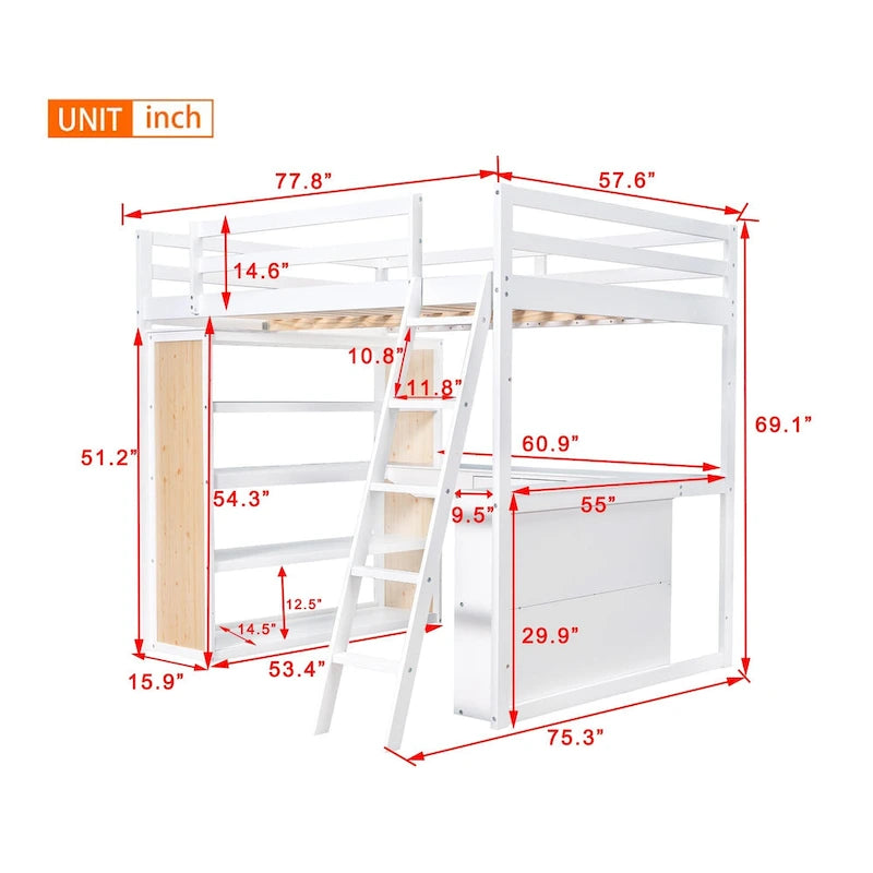 Loft Bed with Desk and Shelves