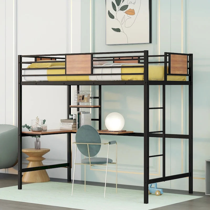 Black Twin Metal Loft Bed with Desk & Shelf