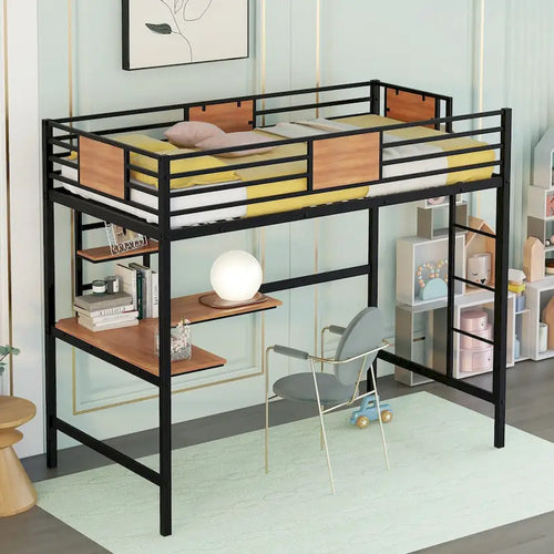 Black Twin Metal Loft Bed with Desk & Shelf