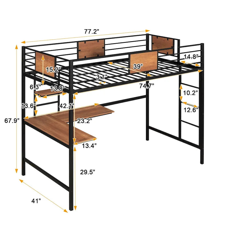 Black Twin Metal Loft Bed with Desk & Shelf