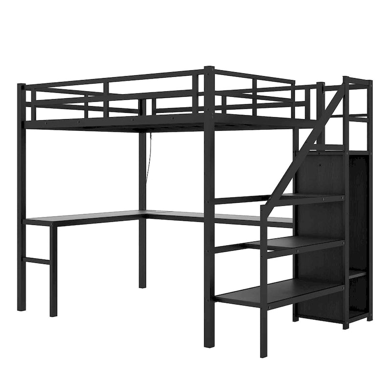 Black Twin XL Size Metal Loft Bed with L-shaped Desk, USB, and LED for Kids and Teens