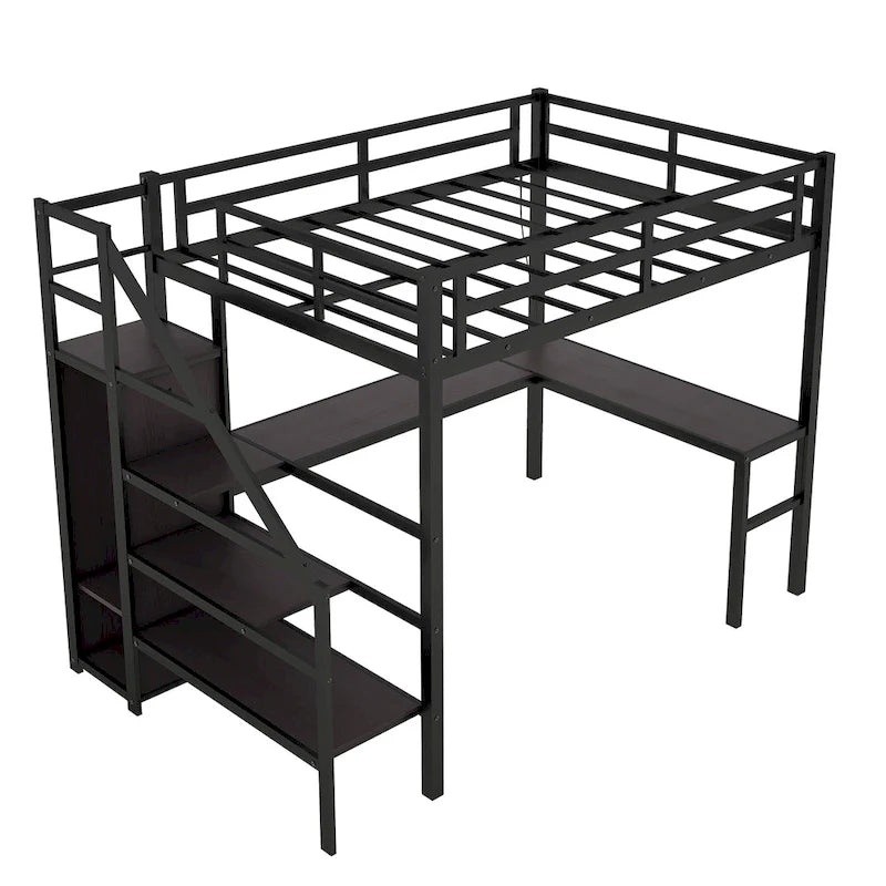 Black Twin XL Size Metal Loft Bed with L-shaped Desk, USB, and LED for Kids and Teens