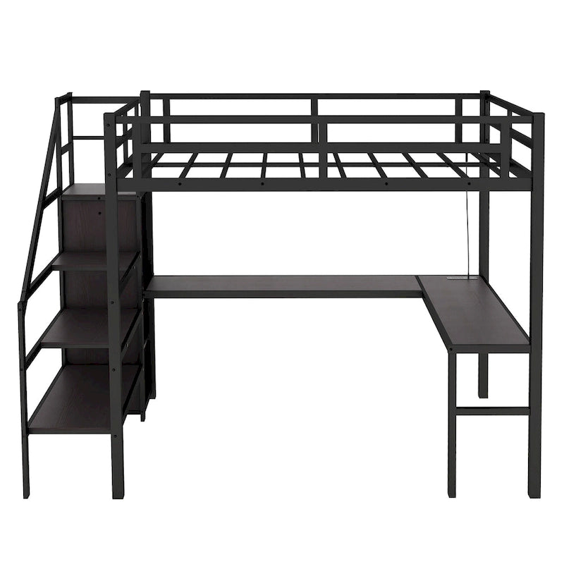Black Twin XL Size Metal Loft Bed with L-shaped Desk, USB, and LED for Kids and Teens