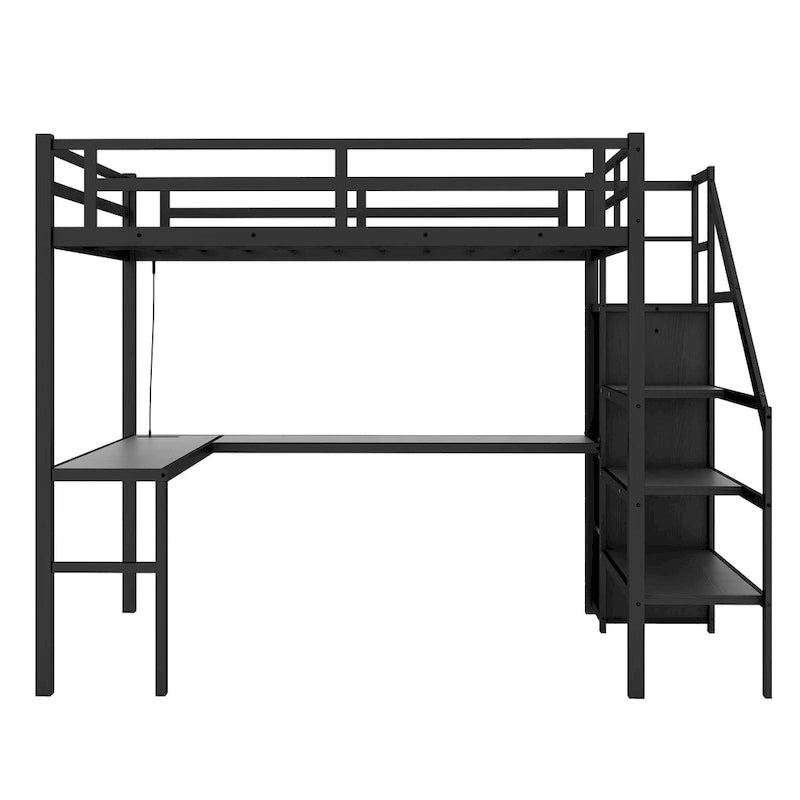 Black Twin XL Size Metal Loft Bed with L-shaped Desk, USB, and LED for Kids and Teens