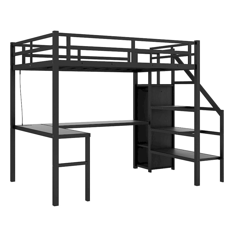 Black Twin XL Size Metal Loft Bed with L-shaped Desk, USB, and LED for Kids and Teens