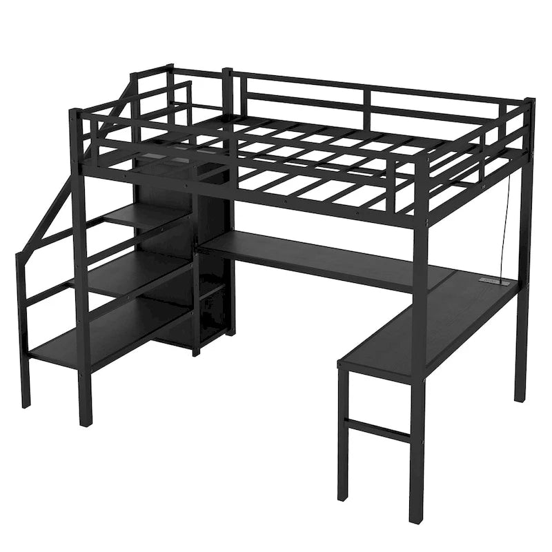 Black Twin XL Size Metal Loft Bed with L-shaped Desk, USB, and LED for Kids and Teens